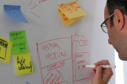 A man writing on a board in a pitching and design thinking workshop