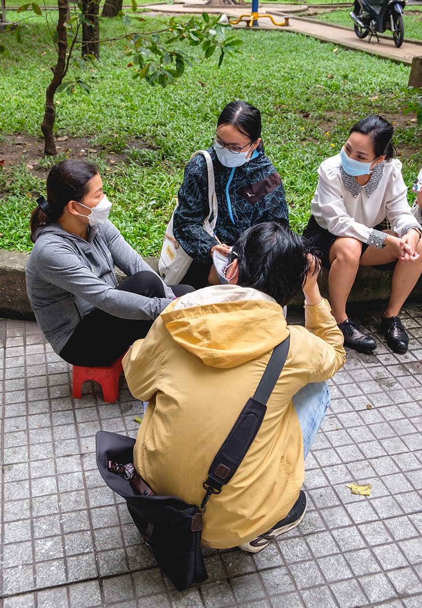 A team collaborating together outside